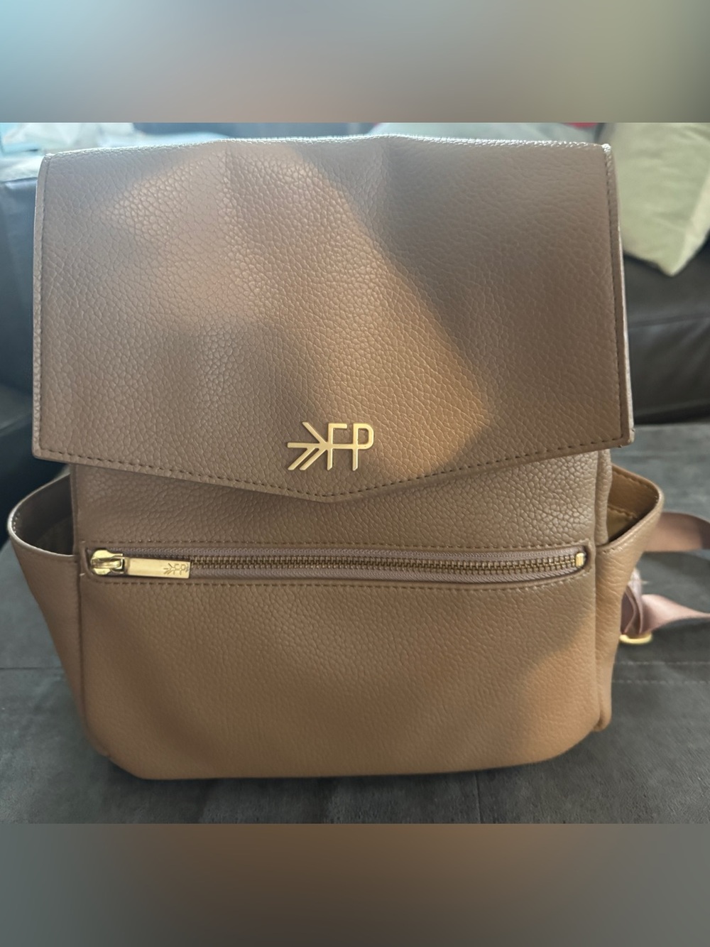 Freshly Picked Taupe Faux Leather Backpack with Gold Logo